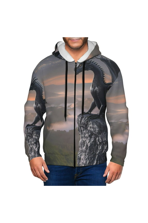 Black Dragon Cliff Dawn Print Men Hoodies Casual Hoodies for Men with Zip Pockets Full Zip Long Sleeve Sweatshirt Sports Hooded Jacket-Large