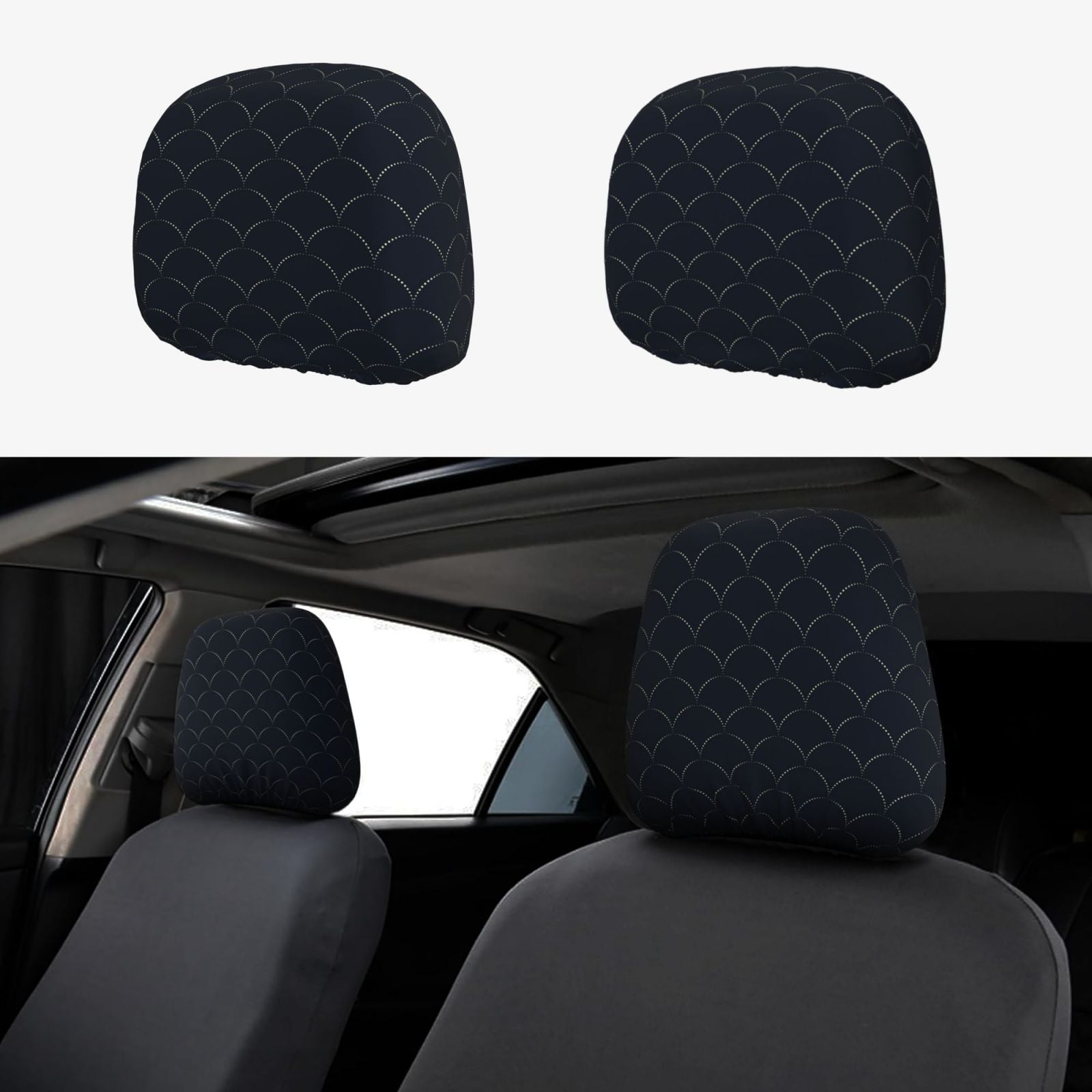 Kdxio Black Fish scales Pattern Print 2 Piece Car Head Rest Covers Set