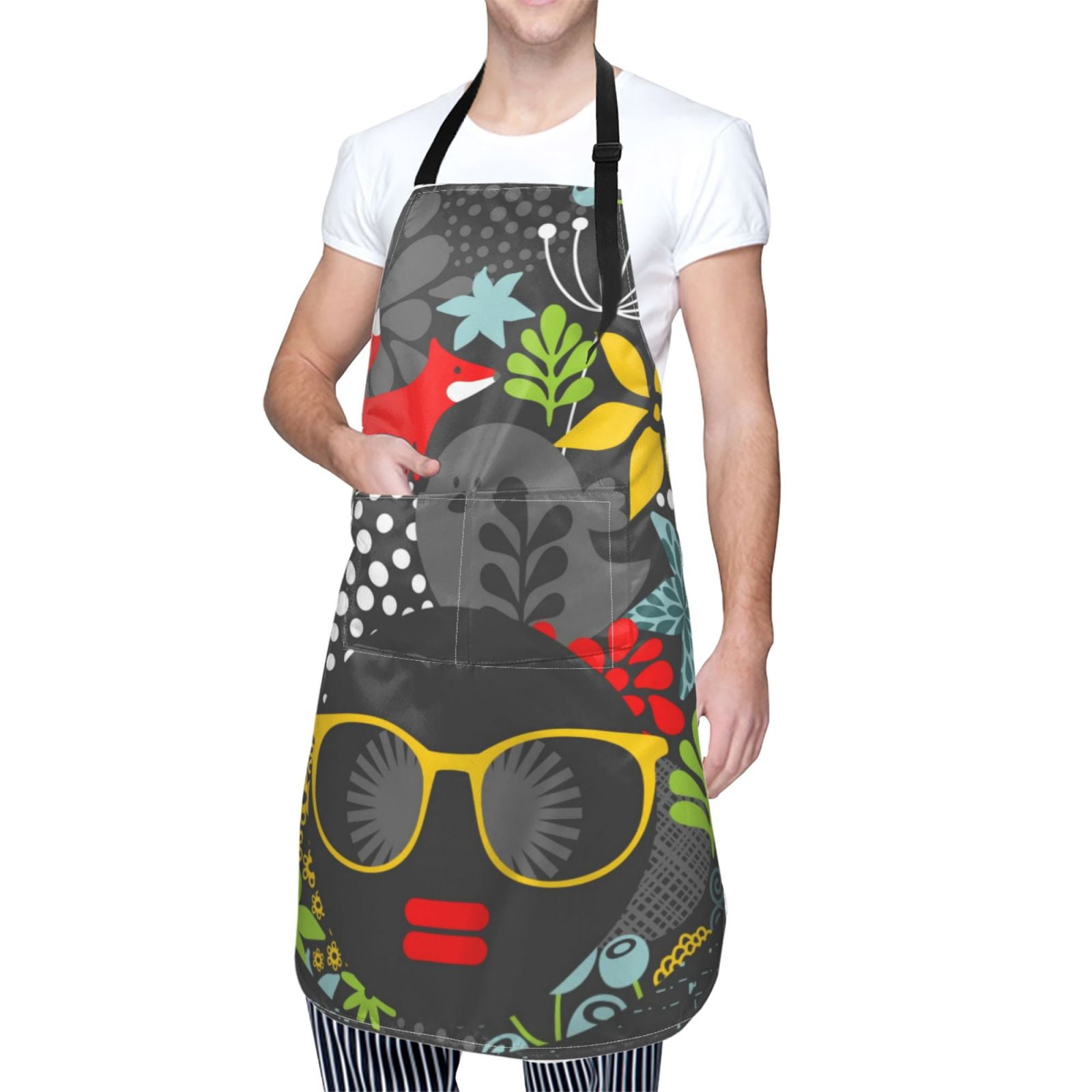 Kdxio Black Head Woman with Fox Hair Apron with Pockets Adjustable Kitchen Aprons for Men Women Waterproof Aprons for Cooking,Drawing,Crafting, Baking Household Cleaning