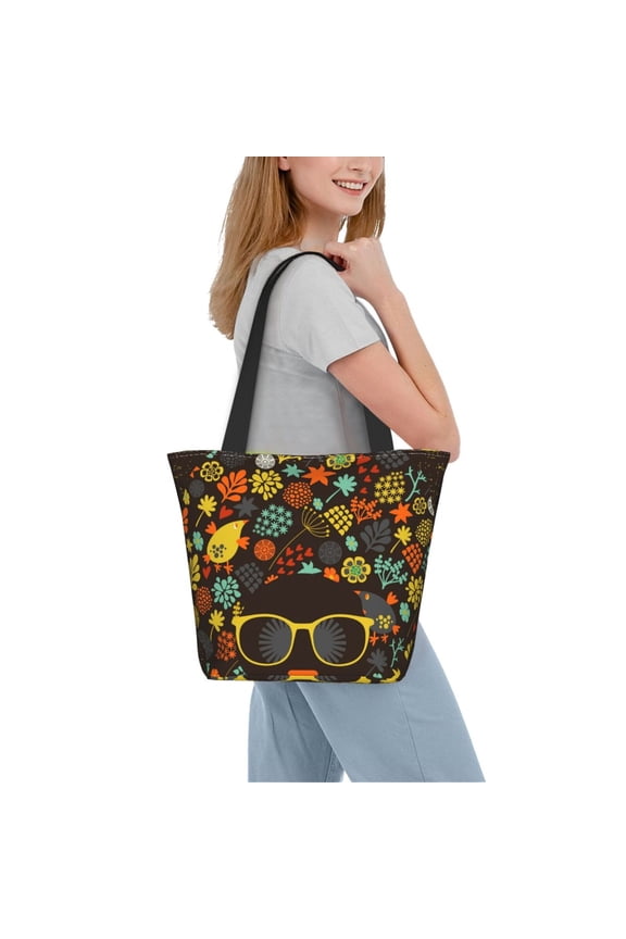 Black Head Woman with Birds Hair Women Reusable Grocery Bags Foldable Ripstop,Reusable Shopping Bags for Shopping,Gym,Gift