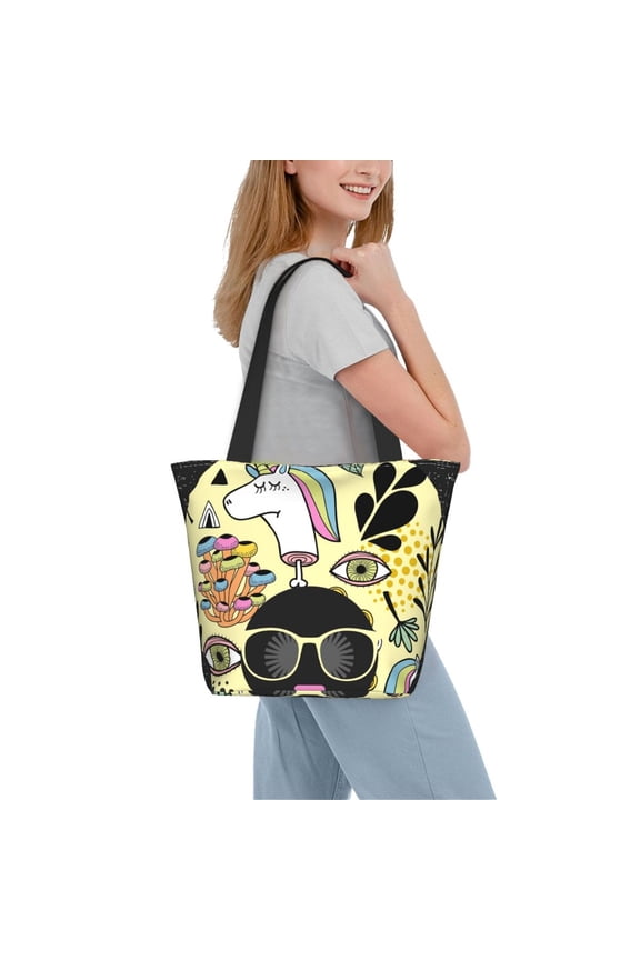 Black Head Woman with Unicorn Hair Women Reusable Grocery Bags Foldable Ripstop,Reusable Shopping Bags for Shopping,Gym,Gift