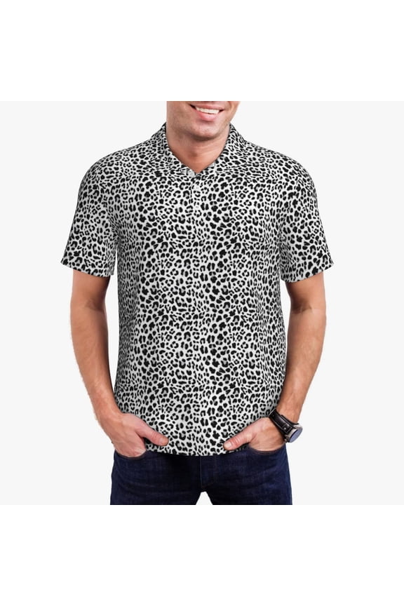Black Leopard Print Men's Short Sleeve Polo Shirt,Midweight Men's Shirt