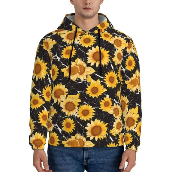 Kdxio Black Marble Pattern Sunflower Print Mens Casual Hooded Collar Drawstring Hoodies Pullover Sweatshirts Casual Long Sleeve Shirts-Large