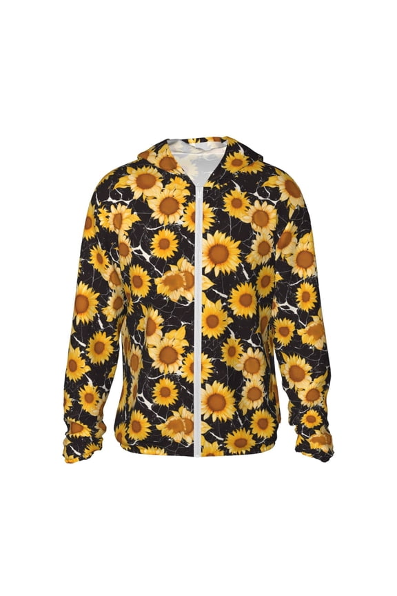 Black Marble Pattern Sunflower Print Women Men Sun Protection UPF 50+ Jackets Zip Up Long Sleeve Hoodie Hiking Lightweight with Pockets