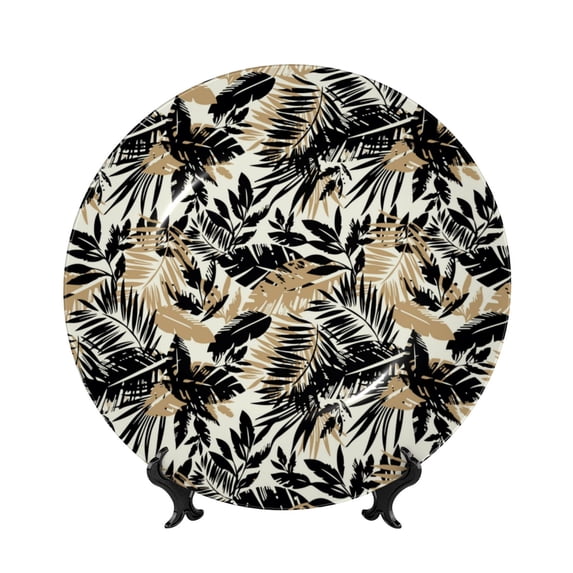 Kdxio Black Palm Leaves Bone China Decorative Plate Ceramic Decorative Plate for Home Office Wall Stand Decorative Plates for Home Bedroom-10in