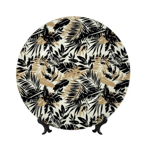 Kdxio Black Palm Leaves Bone China Decorative Plate Ceramic Decorative Plate for Home Office Wall Stand Decorative Plates for Home Bedroom-7in