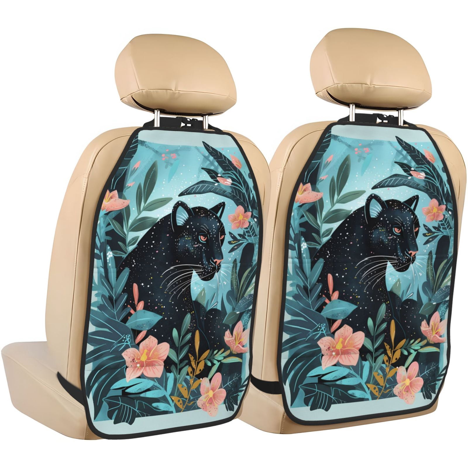 Kdxio Black Panther Floral Illustration Print 2 Pack Car Kick Mat Seat Cover Back Protector Mat with Pockets for Organizer Backseat Protector and Storage Anti Kick Pad for Vehicles
