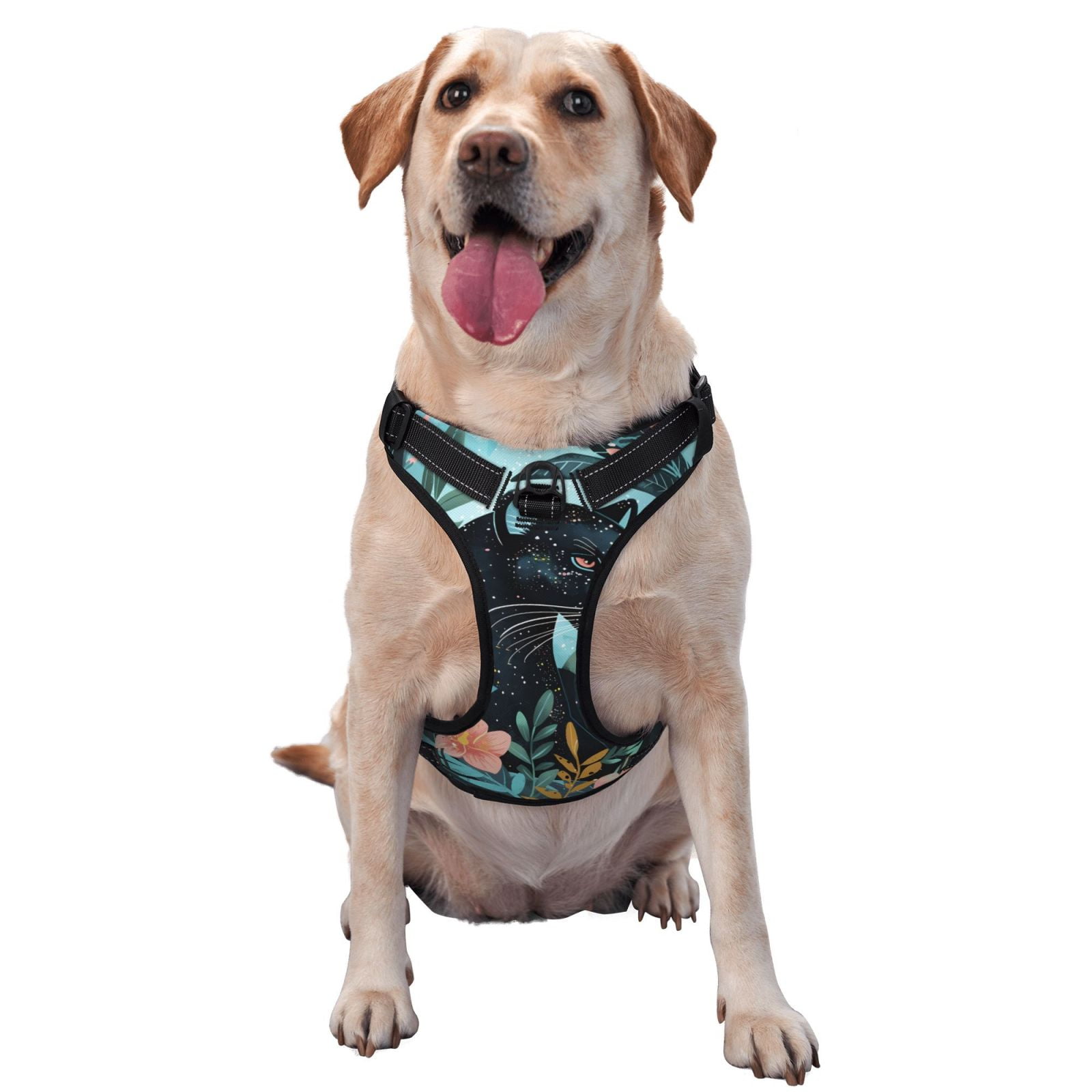 Kdxio Black Panther Floral Illustration Print No Pull Dog Harness Adjustable Reflective Oxford Easy Control Medium Large Dog Harness for Training and Everyday-Large