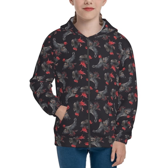 Kdxio Black Roosters Pattern Kids Boys Girls Zip Up Hoodie 3D Printed Hooded Sweatshirt Hoody Coat with Pocket 7-12 Y-Medium