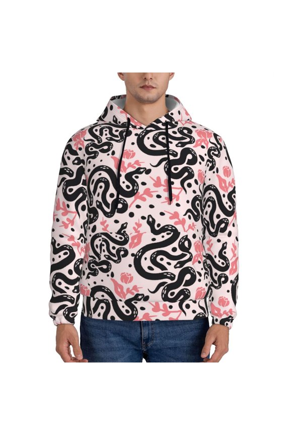 Black Snake Print Mens Casual Hooded Collar Drawstring Hoodies Pullover Sweatshirts Casual Long Sleeve Shirts-Large