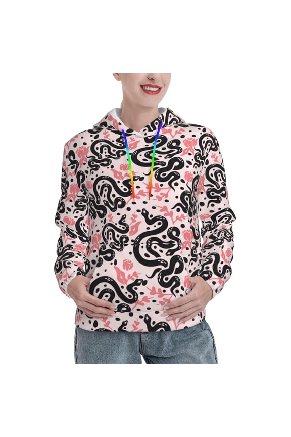 Black Snake Print Womens Oversized Hoodies Sweatshirts Hooded Pullover Tops Sweaters Casual-Medium