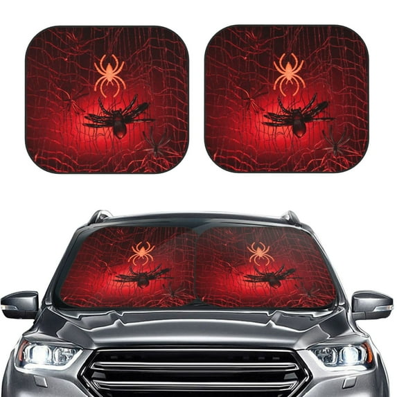 Kdxio Black Spider Web With Spiders Print 2-Piece Sun Shade Front Windshield - Foldable Car Front Window Sunshades for Most Sedans SUV Truck