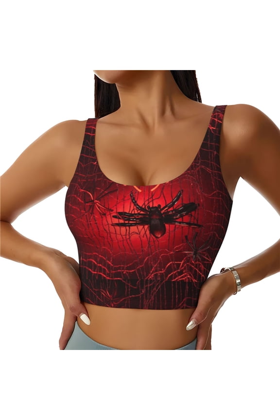Black Spider Web With Spiders Print Workout Crop Tank Top for Women Racerback Yoga Tank Tops Athletic Sports Shirts Exercise Undershirts
