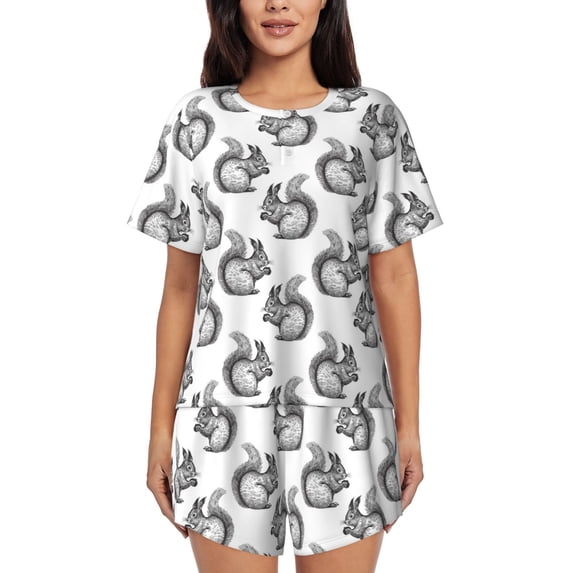 Kdxio Black Squirrel Print Pajamas Sets for Women Short-Sleeved Pjs with Lounge Shorts Two Piece Sleepwear S-4XL