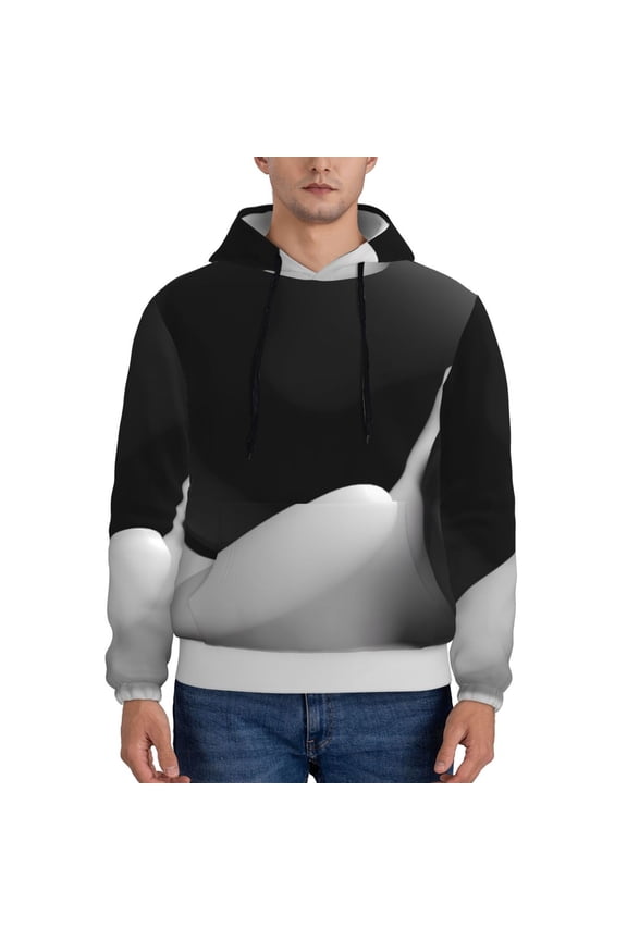 Black White Fluid Sculpture Print Mens Casual Hooded Collar Drawstring Hoodies Pullover Sweatshirts Casual Long Sleeve Shirts-X-Large