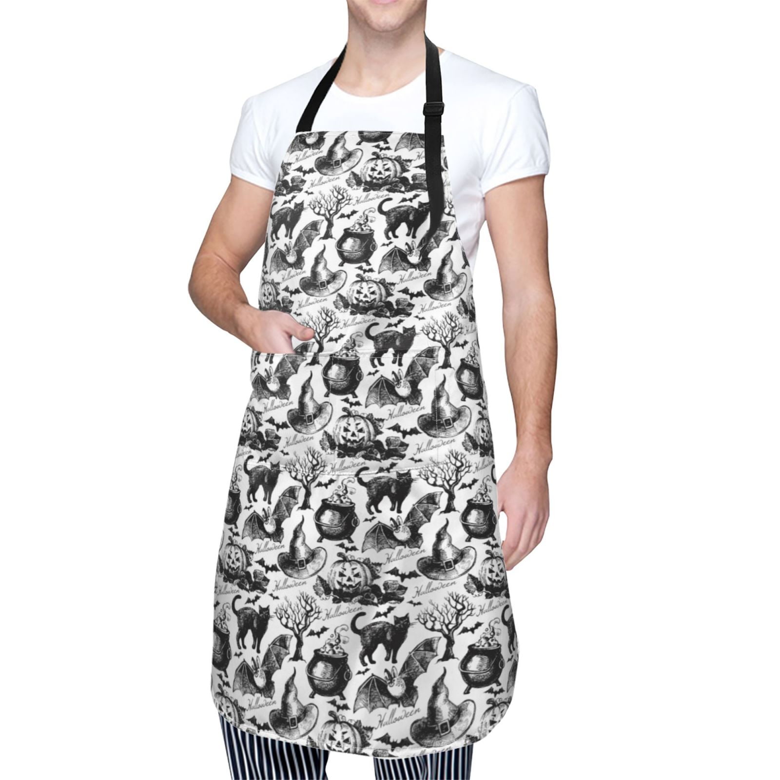 Kdxio Black White Halloween Apron with Pockets Adjustable Kitchen Aprons for Men Women Waterproof Aprons for Cooking,Drawing,Crafting, Baking Household Cleaning