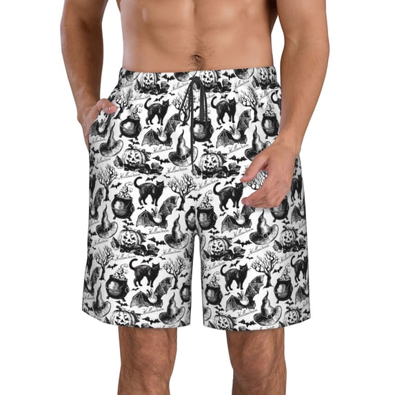 Kdxio Black White Halloween Pattern Mens Casual Shorts - Drawstring Summer Beach Sports Shorts for Men
