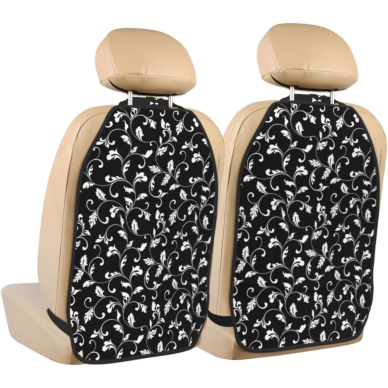 Kdxio Black White Leaves Print 2 Pack Car Kick Mat Seat Cover Back Protector Mat with Pockets for Organizer Backseat Protector and Storage Anti Kick Pad for Vehicles