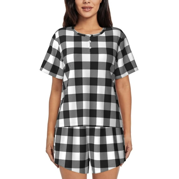 Kdxio Black White Plaid Print Pajamas Sets for Women Short-Sleeved Pjs with Lounge Shorts Two Piece Sleepwear S-4XL