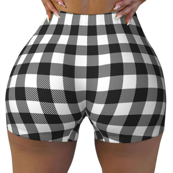 Kdxio Black White Plaid Print Workout Shorts for Women Seamless Soft Smooth Gym Yoga Scrunch Active Shorts