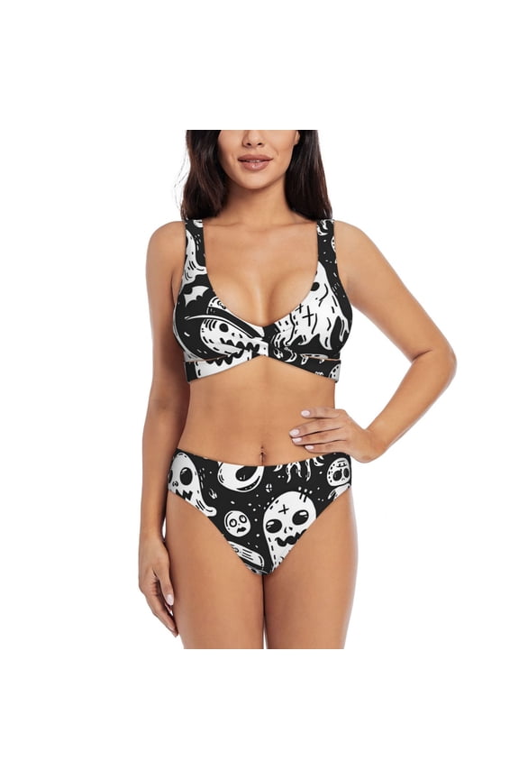 Black White Spooky Ghosts Print Women's 2 Piece High Waisted Wrap Spaghetti Strap Summer Swimsuit Bikini Set-Medium