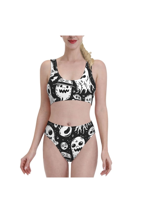 Black White Spooky Ghosts for Womens High Waisted Bikini Top Sports Style Two Piece Bathing Suits