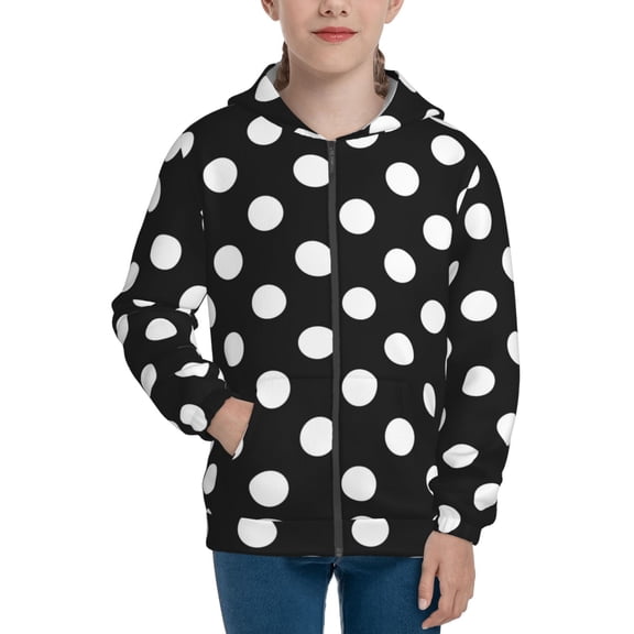 Kdxio Black and White Polka Dot Pattern Kids Boys Girls Zip Up Hoodie 3D Printed Hooded Sweatshirt Hoody Coat with Pocket 7-12 Y-Medium
