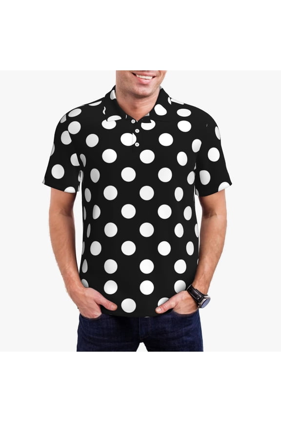 Black and White Polka Dot Print Men's Short Sleeve Polo Shirt,Midweight Men's Shirt