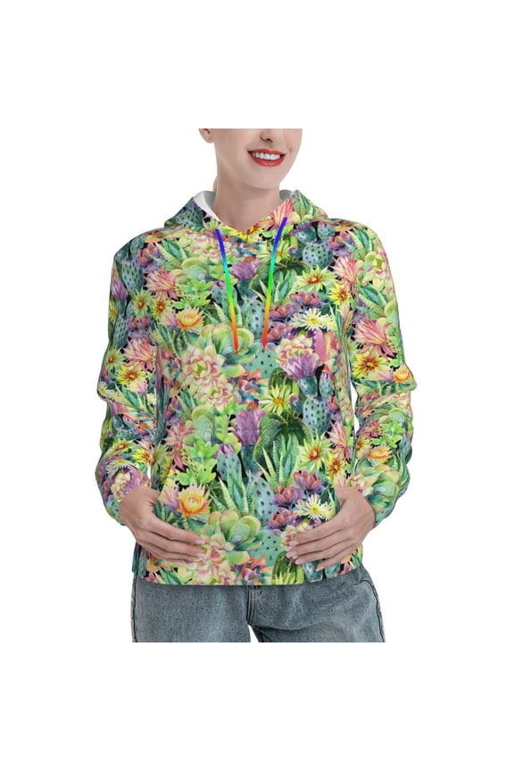 Blooming Cactus Print Womens Oversized Hoodies Sweatshirts Hooded Pullover Tops Sweaters Casual-Small