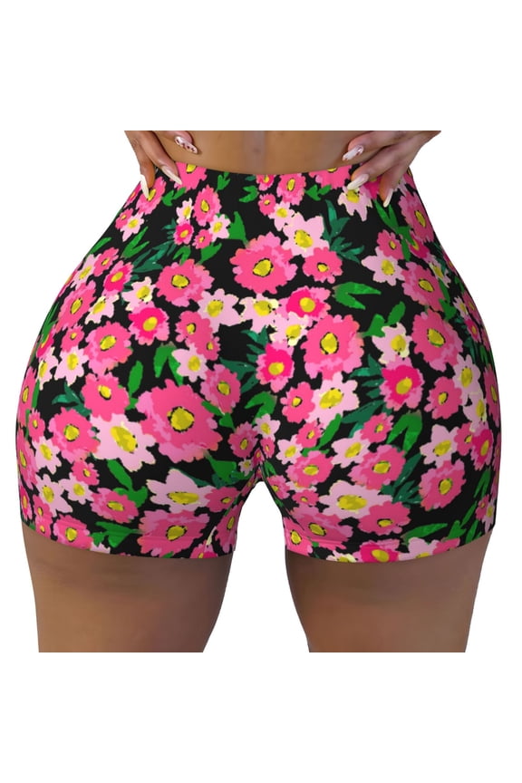 Blooming Meadow Print Workout Shorts for Women Seamless Soft Smooth Gym Yoga Scrunch Active Shorts