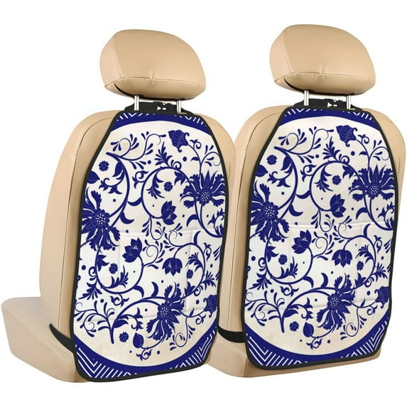 Kdxio Blue And White Porcelain Pattern Print 2 Pack Car Kick Mat Seat Cover Back Protector Mat with Pockets for Organizer Backseat Protector and Storage Anti Kick Pad for Vehicles