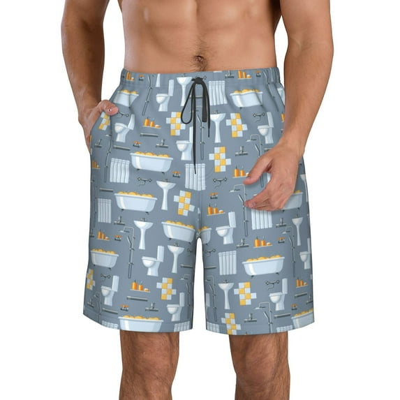 Kdxio Blue Bathroom Pattern Mens Casual Shorts - Drawstring Summer Beach Sports Shorts for Men