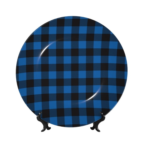 Kdxio Blue Black Plaid Bone China Decorative Plate Ceramic Decorative Plate for Home Office Wall Stand Decorative Plates for Home Bedroom-7in