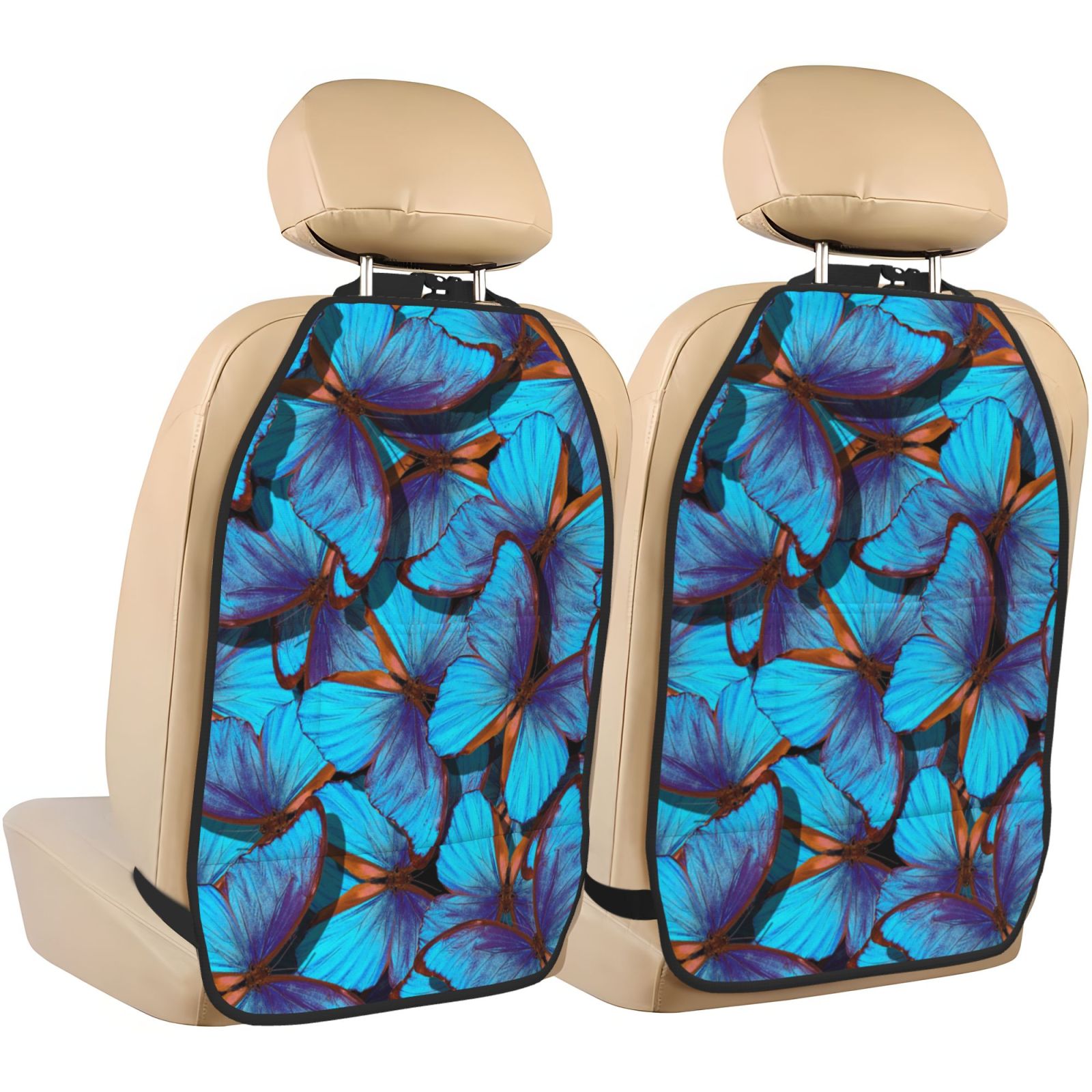 Kdxio Blue Butterflies Print 2 Pack Car Kick Mat Seat Cover Back Protector Mat with Pockets for Organizer Backseat Protector and Storage Anti Kick Pad for Vehicles