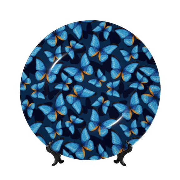 Kdxio Blue Butterfly Bone China Decorative Plate Ceramic Decorative Plate for Home Office Wall Stand Decorative Plates for Home Bedroom-7in