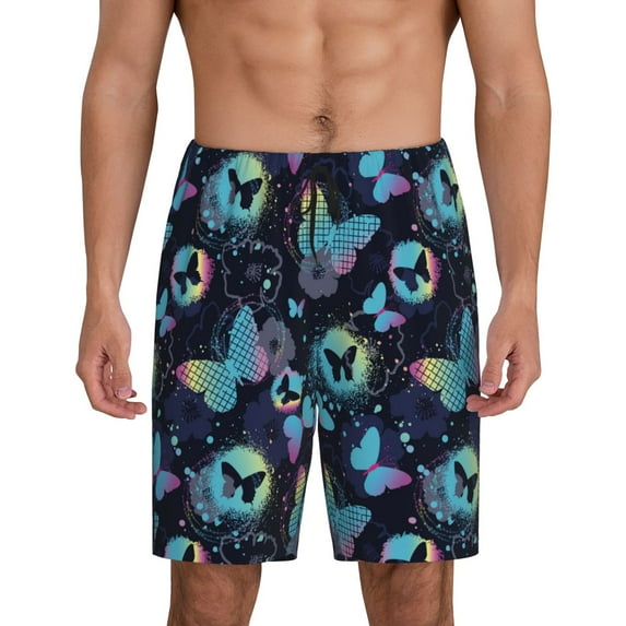 Kdxio Blue Butterfly Print Mens Sleep Shorts Bottoms Soft Comfy Pajama Wear Pants with Drawstring Pockets