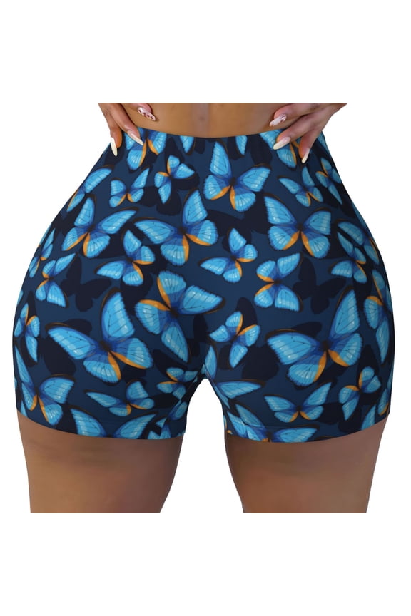 Blue Butterfly Print Workout Shorts for Women Seamless Soft Smooth Gym Yoga Scrunch Active Shorts