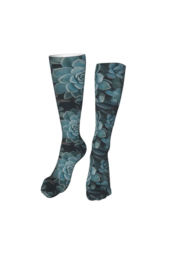 Blue Color Cactus Funny Silky Novelty Funky Long Knee High Socks Soft 3D Print Cosplay Crazy Stockings for Men Women