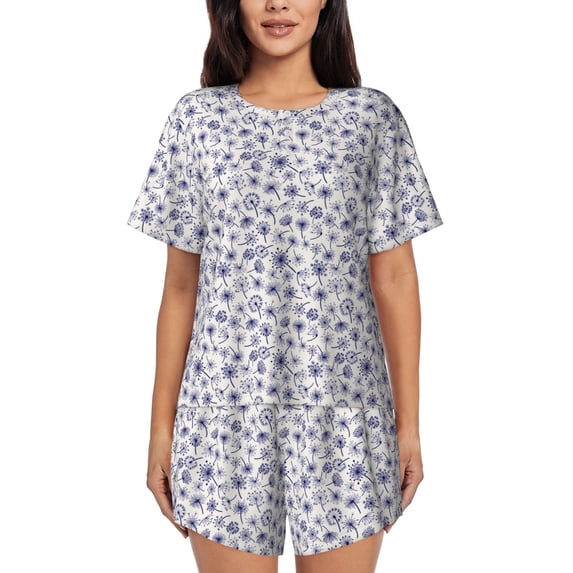 Kdxio Blue Dandelion Print Pajamas Sets for Women Short-Sleeved Pjs with Lounge Shorts Two Piece Sleepwear S-4XL