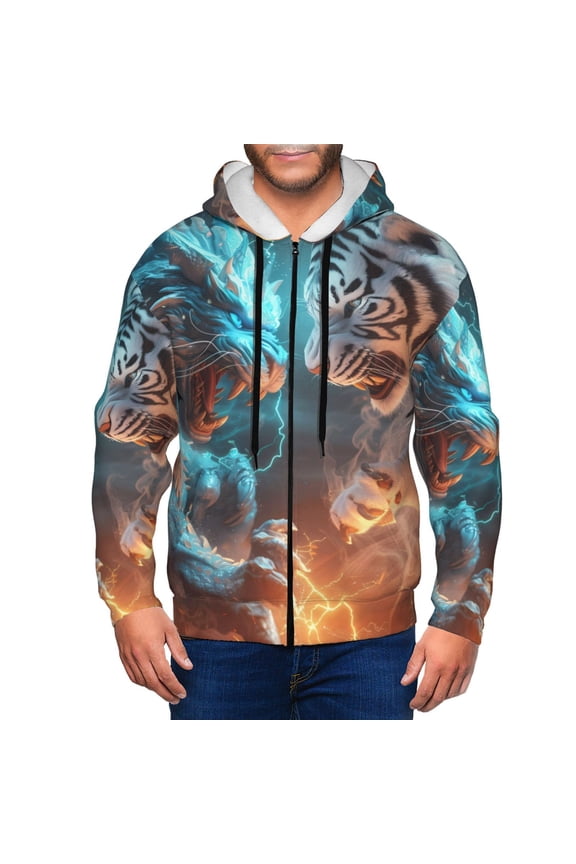 Blue Dragon And White Tiger Print Men Hoodies Casual Hoodies for Men with Zip Pockets Full Zip Long Sleeve Sweatshirt Sports Hooded Jacket-Medium