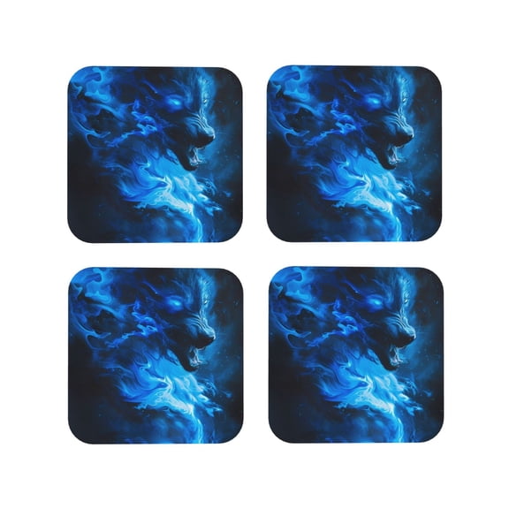 Kdxio Blue Fire Cool Wolf Funny Coasters,4 Pcs Leather Coasters,Housewarming Gifts,Protect Furniture from Water Marks Scratch and Damage