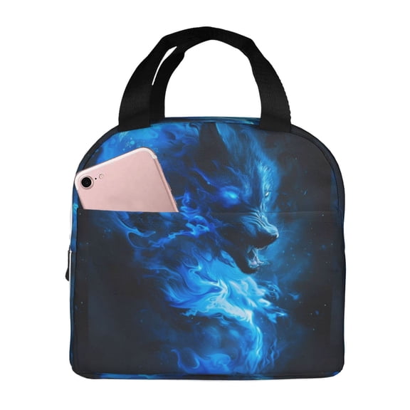Kdxio Blue Fire Cool Wolf Print Insulated Lunch Bag,Reusable Tote Lunch Box for Women Men,Leakproof Cooler Lunch Bags for Work Office Travel Picnic