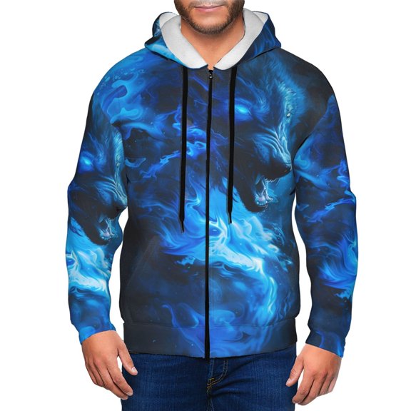 Kdxio Blue Fire Cool Wolf Print Men Hoodies Casual Hoodies for Men with Zip Pockets Full Zip Long Sleeve Sweatshirt Sports Hooded Jacket-Large