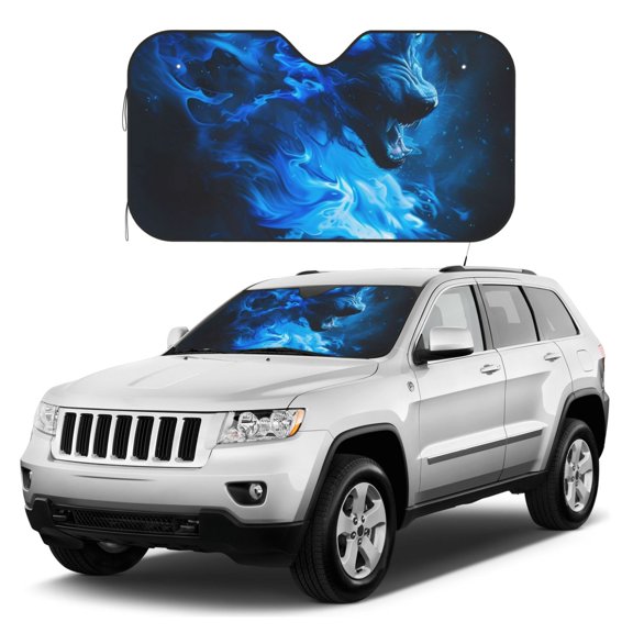 Kdxio Blue Fire Cool Wolf Print Windshield Sun Shade, Foldable Sun Blocker for Car,Truck,SUV Automotive Interior Sun Protection,Reflective Shade for Front Windshield(Small)