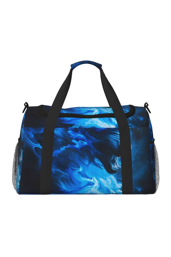Blue Fire Cool Wolf Travel Duffel Bag Gym Bag Weekender Travel Bag Gym Bag for Women &Men Airplane Travel Essentials for Flying