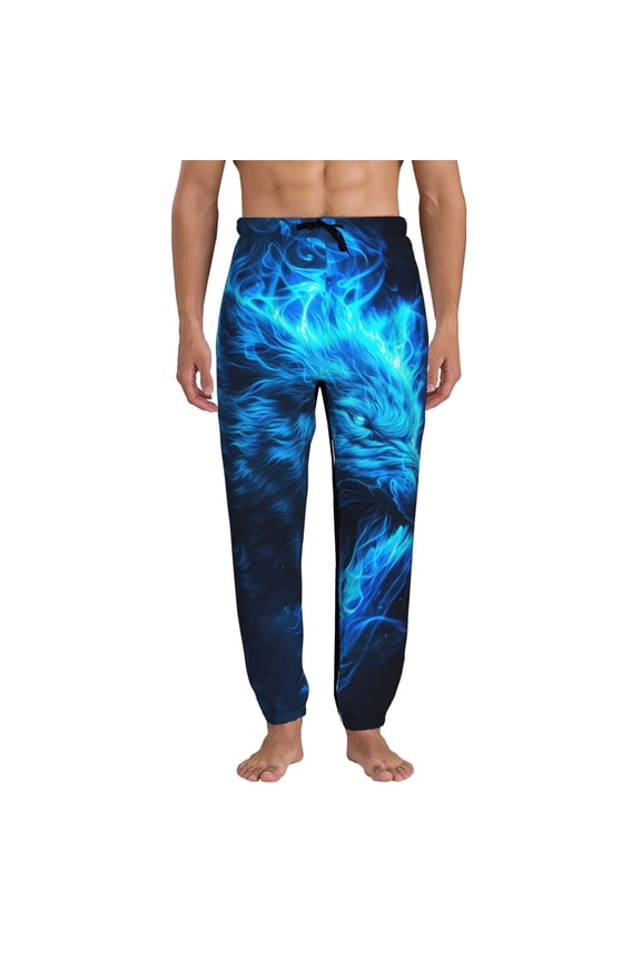 Blue Fire Wolf Pattern Joggers,Sweatpants for Men with Pockets-XX-Large