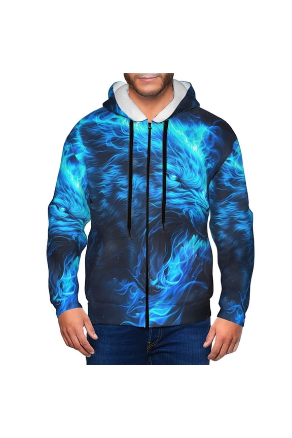 Blue Fire Wolf Print Men Hoodies Casual Hoodies for Men with Zip Pockets Full Zip Long Sleeve Sweatshirt Sports Hooded Jacket-Large