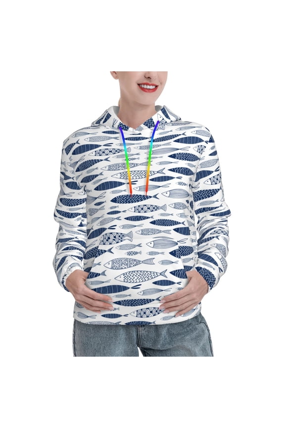 Blue Fish Print Womens Oversized Hoodies Sweatshirts Hooded Pullover Tops Sweaters Casual-Small