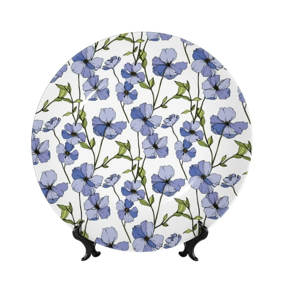 Kdxio Blue Flax Flowers Bone China Decorative Plate Ceramic Decorative Plate for Home Office Wall Stand Decorative Plates for Home Bedroom-10in