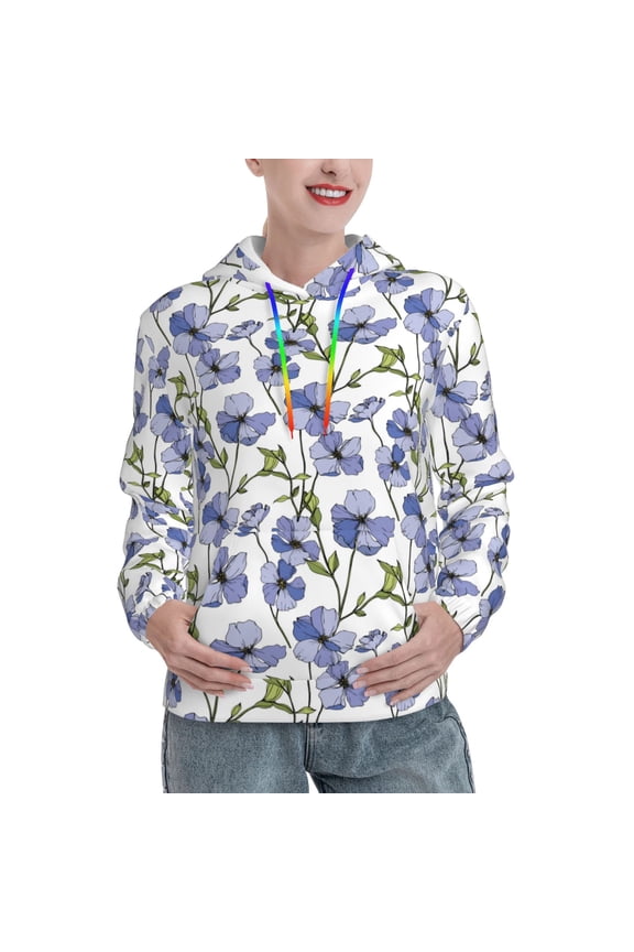 Blue Flax Flowers Print Womens Oversized Hoodies Sweatshirts Hooded Pullover Tops Sweaters Casual-Medium